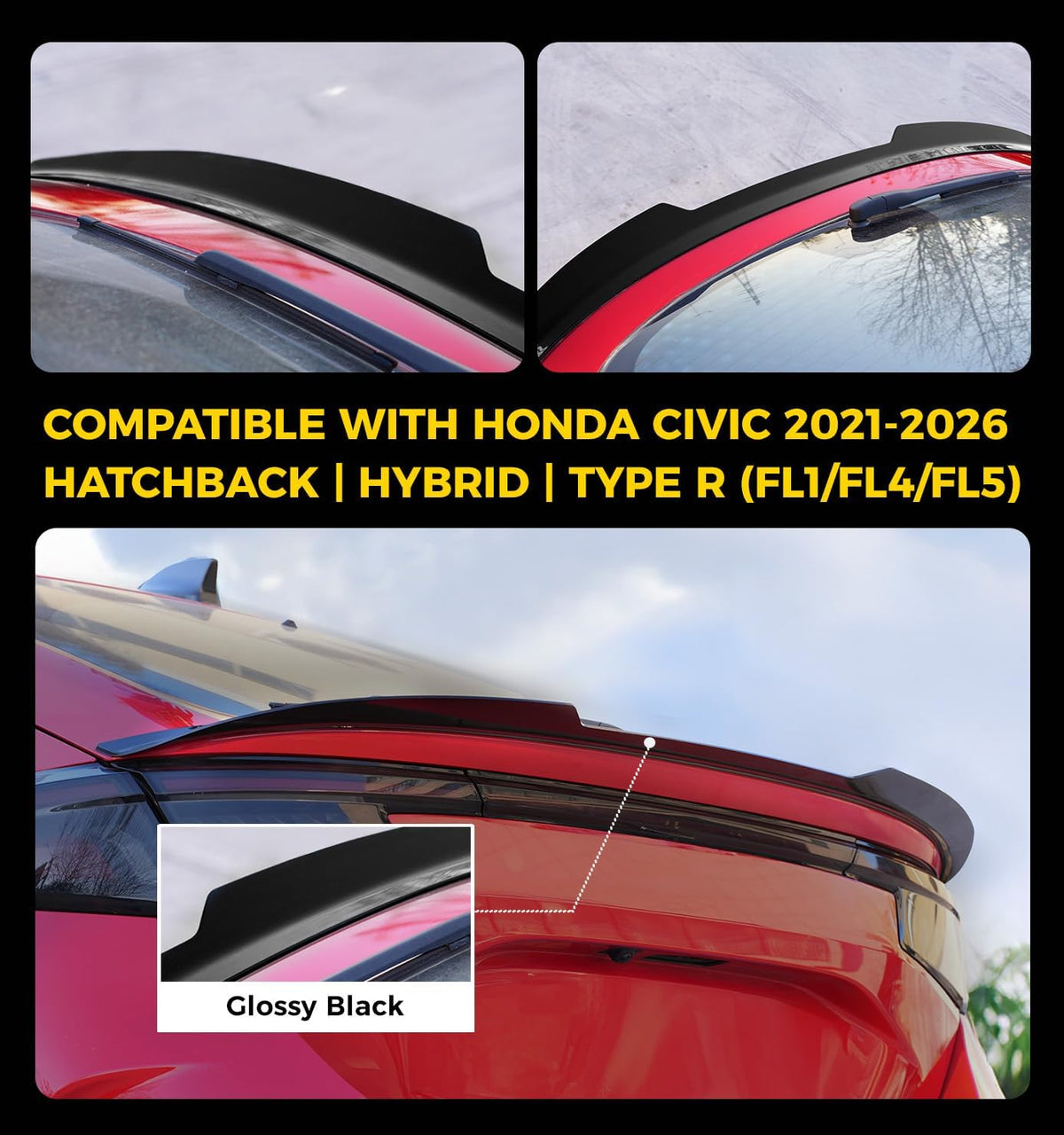 Xprite Sharp Corners Glossy Black Spoiler Compatible with Honda Civic Hatchback 2021-2026 11th Gen