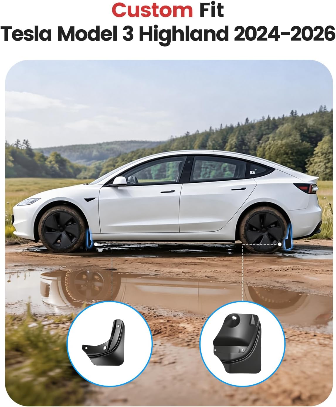 Xprite Mud Flaps for Tesla Model 3 Highland 2024–2026 | No-Drill Splash Guards Set