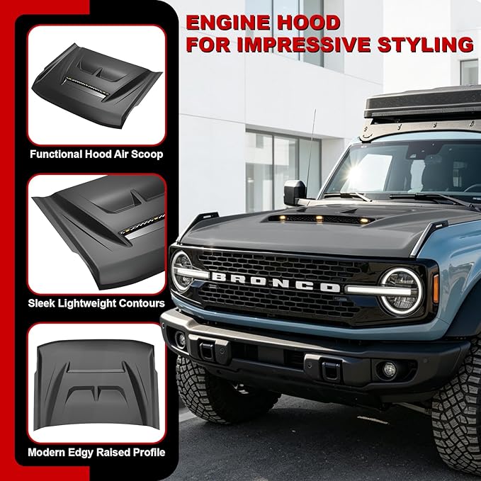 Xprite Aluminum Hood for Ford Bronco 2021–2026 | Air Scoop & Amber LED DRLs