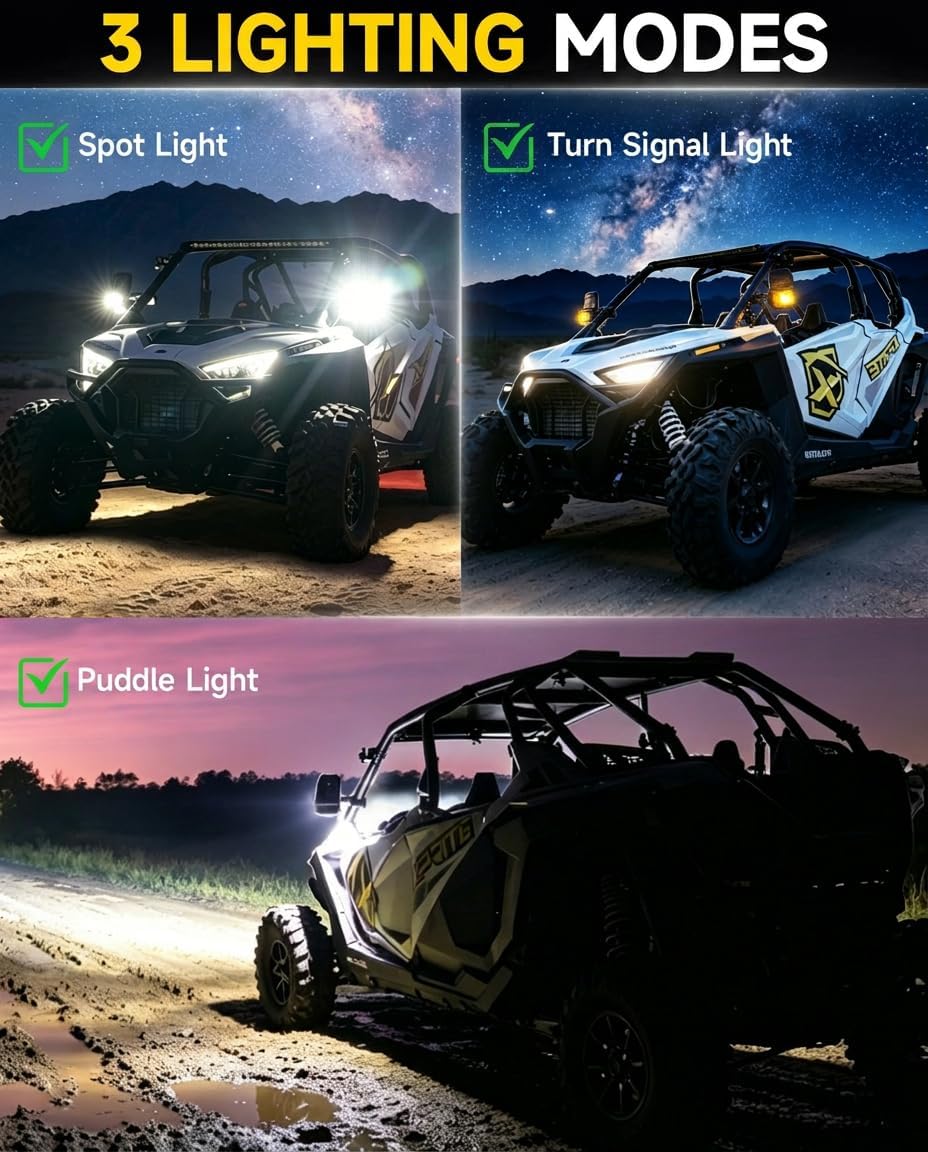 Xprite UTV Side Mirrors w/LED Spot Lights, Amber Signals & Puddle Lights