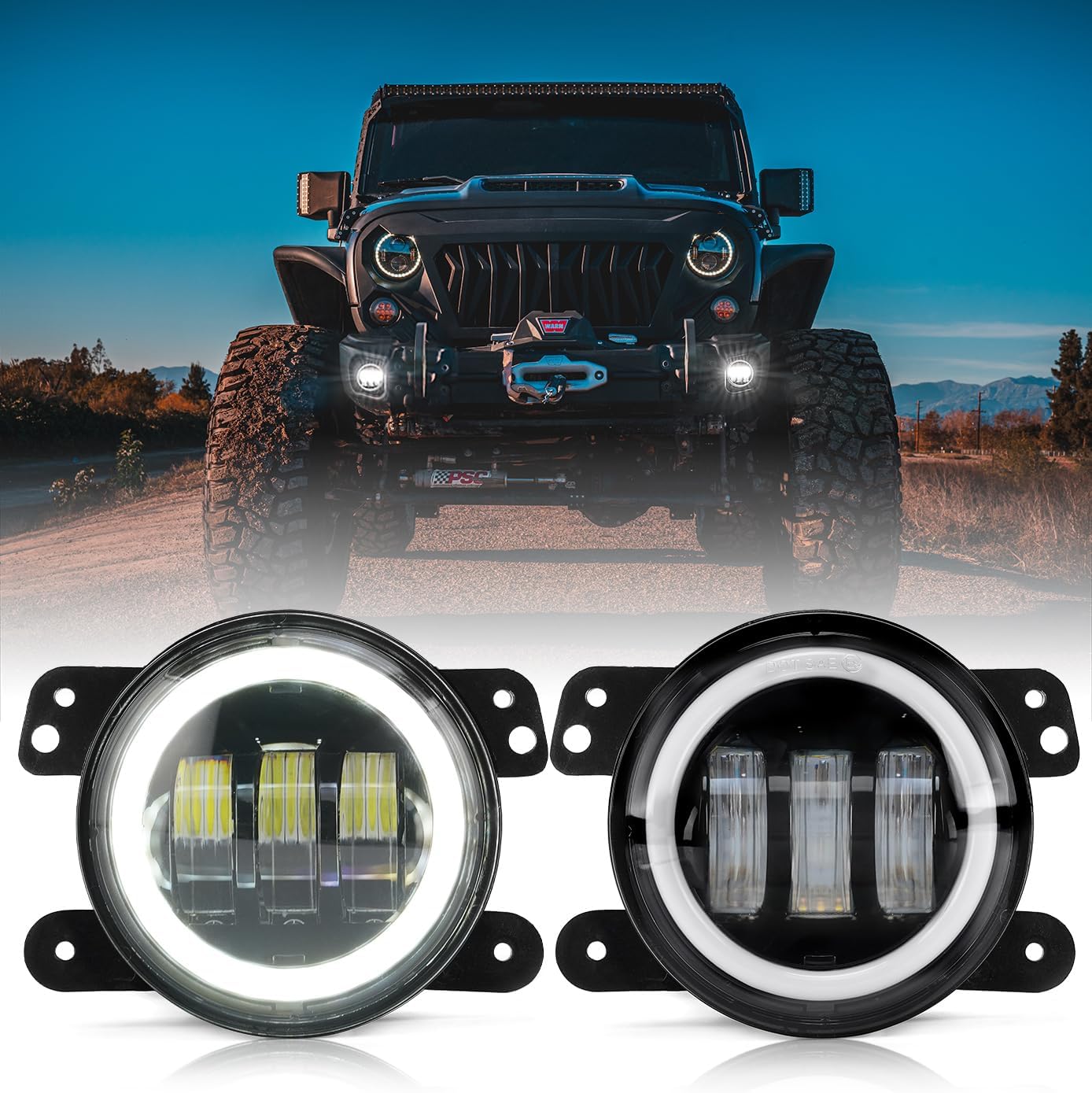 Xprite 4-Inch Round LED Fog Lights with White Halo Ring Angel Eye DRL for 2007-2018 Jeep Wrangler JK