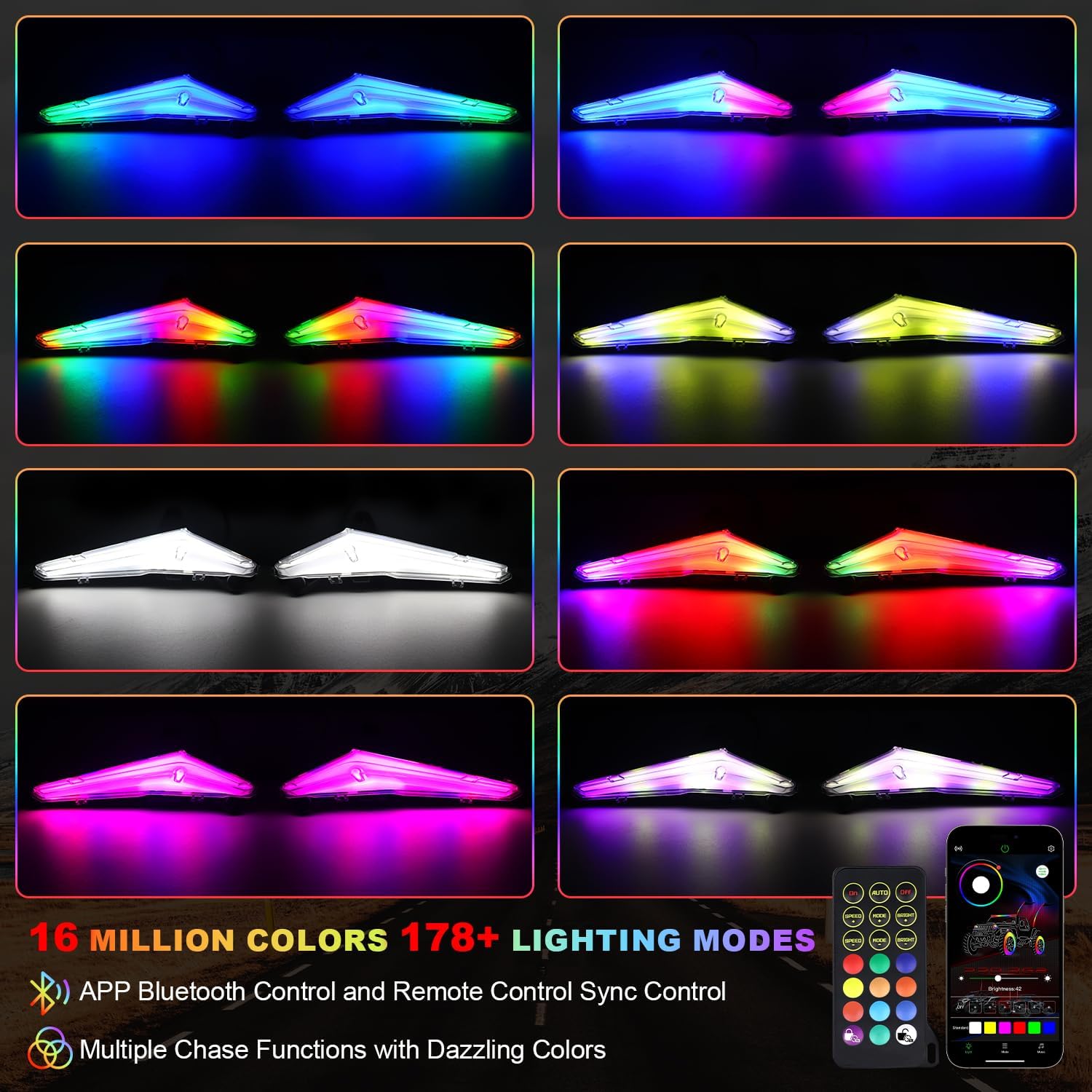 Tavaray  RGBW LED Fang Lights for Can-Am Maverick R 2024–2026 DRL White & RGB Color Chasing APP Music Sync Kit