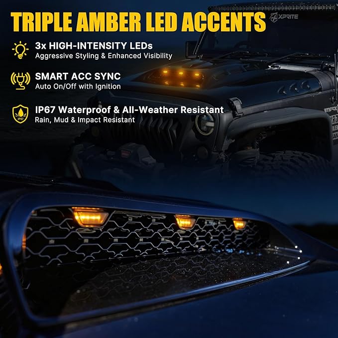 Xprite Replacement Hood for Jeep Wrangler JL & Gladiator JT  LED DRLs & Vent Design | Piranha Series