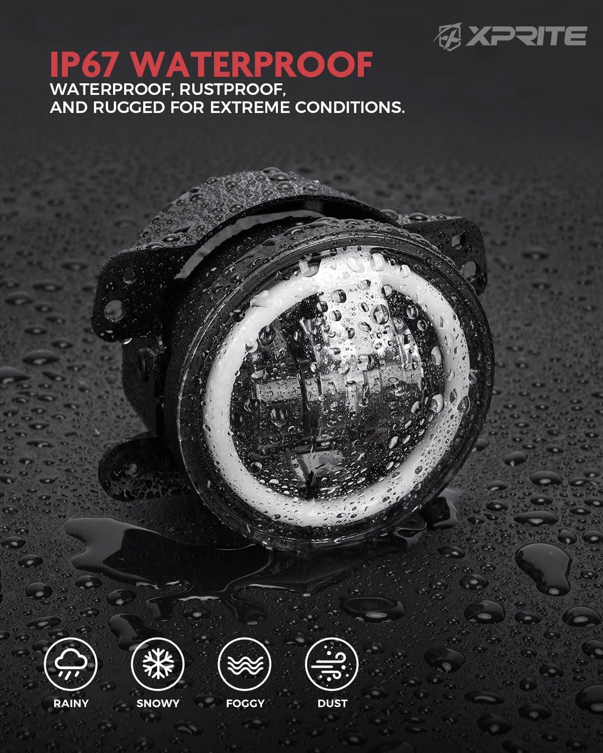 Xprite 4-Inch Round LED Fog Lights with White Halo Ring Angel Eye DRL for 2007-2018 Jeep Wrangler JK