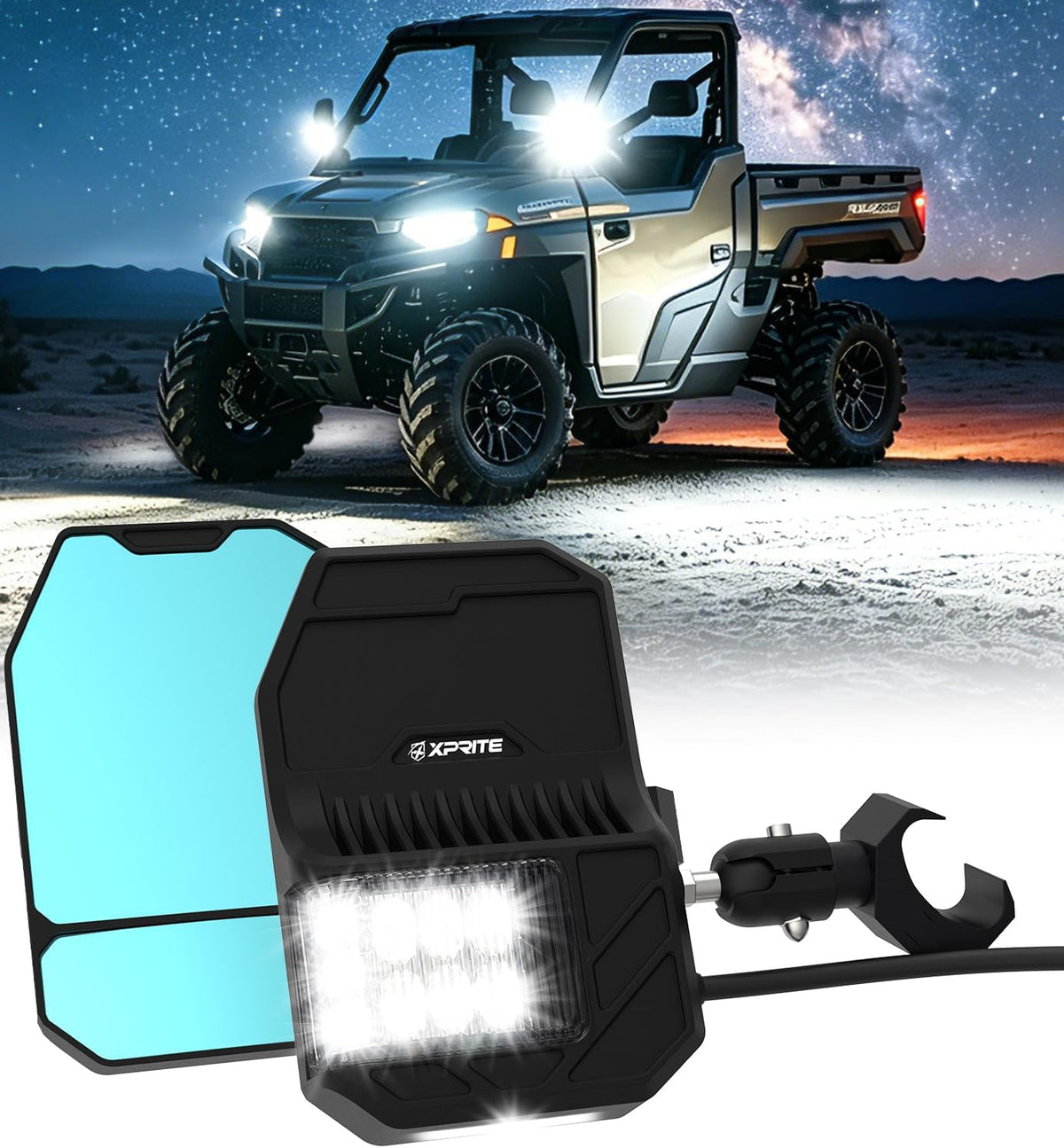 2026 Xprite UTV Side Mirrors w/LED Spot Lights, Amber Signals & Puddle Lights For Pro-Fit Roll Cage