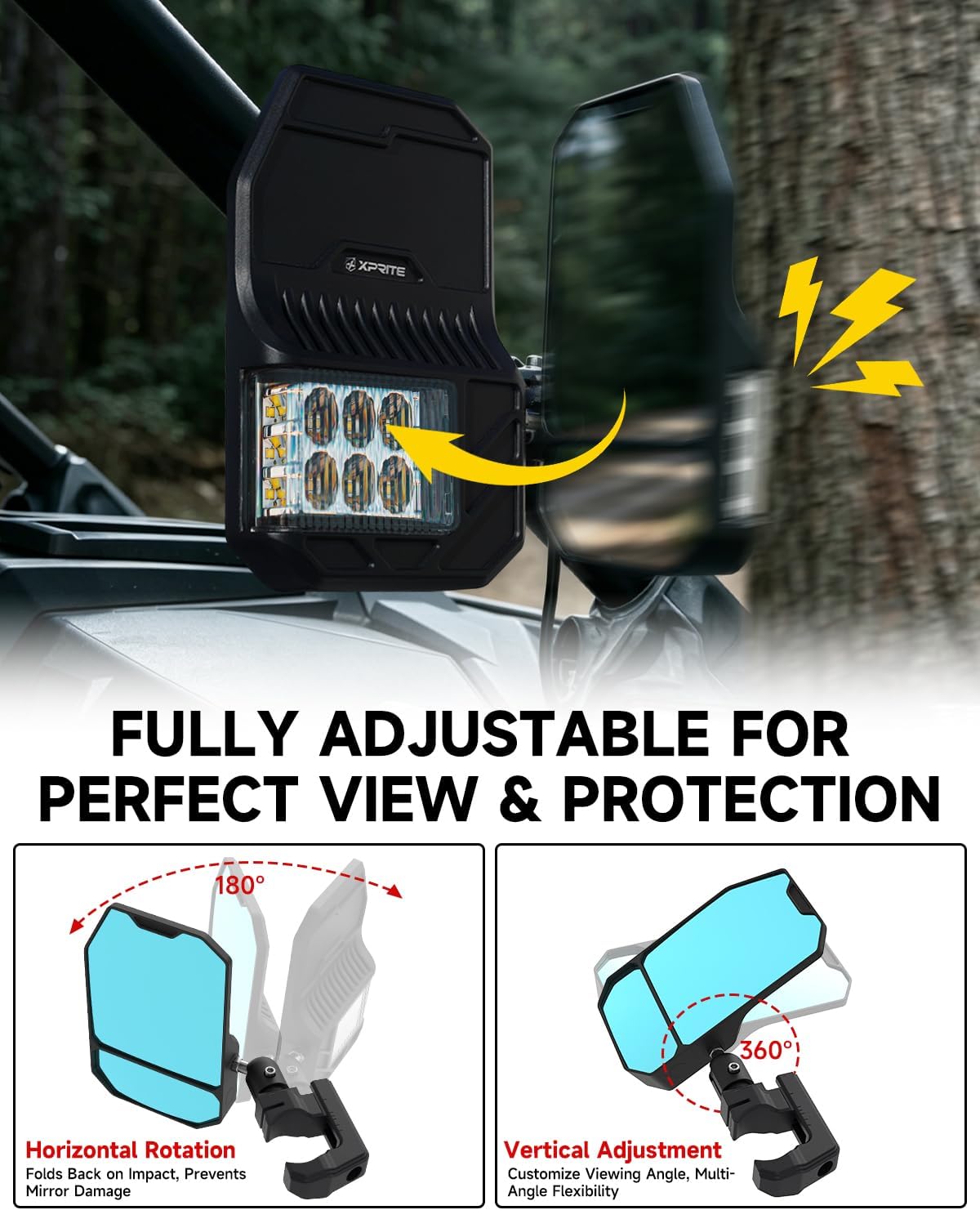 Xprite UTV Side Mirrors w/LED Spot Lights, Amber Signals & Puddle Lights