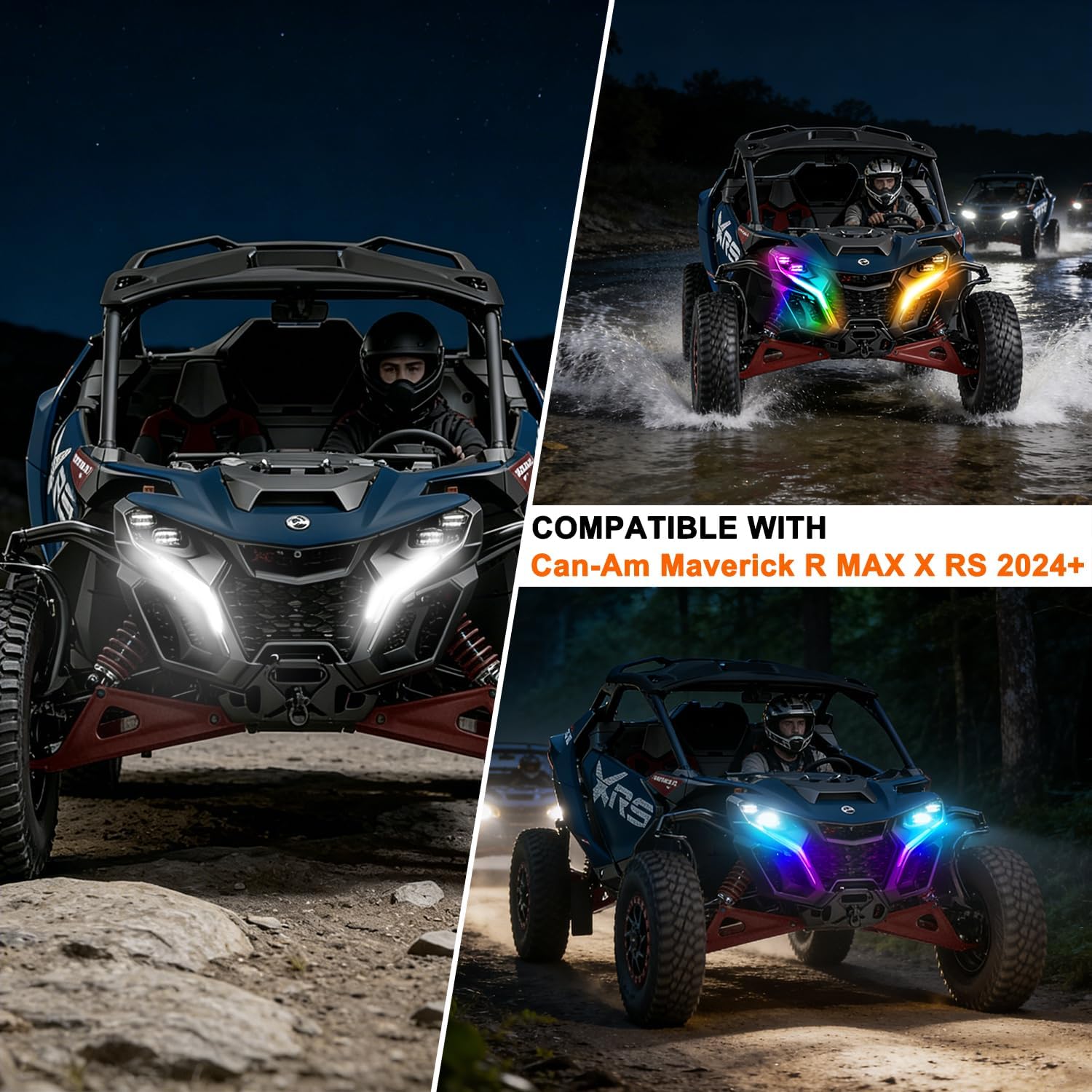 Xprite RGBW LED Fang Lights for Can-Am Maverick R 2024–2026 DRL White & RGB Color Chasing APP Music Sync Kit
