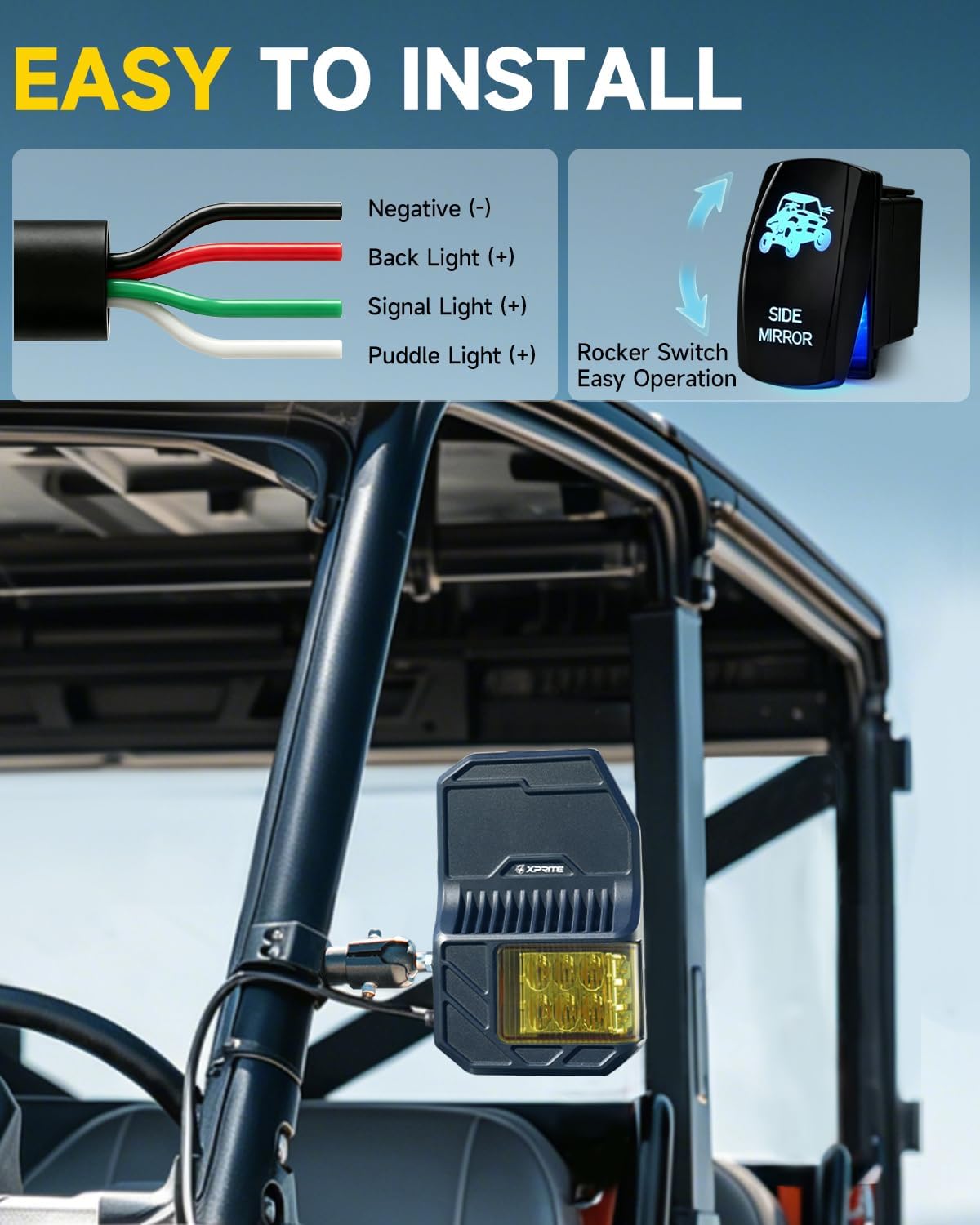 2026 Xprite UTV Side Mirrors w/LED Spot, Signal & Puddle Light for Pro-Fit Cage