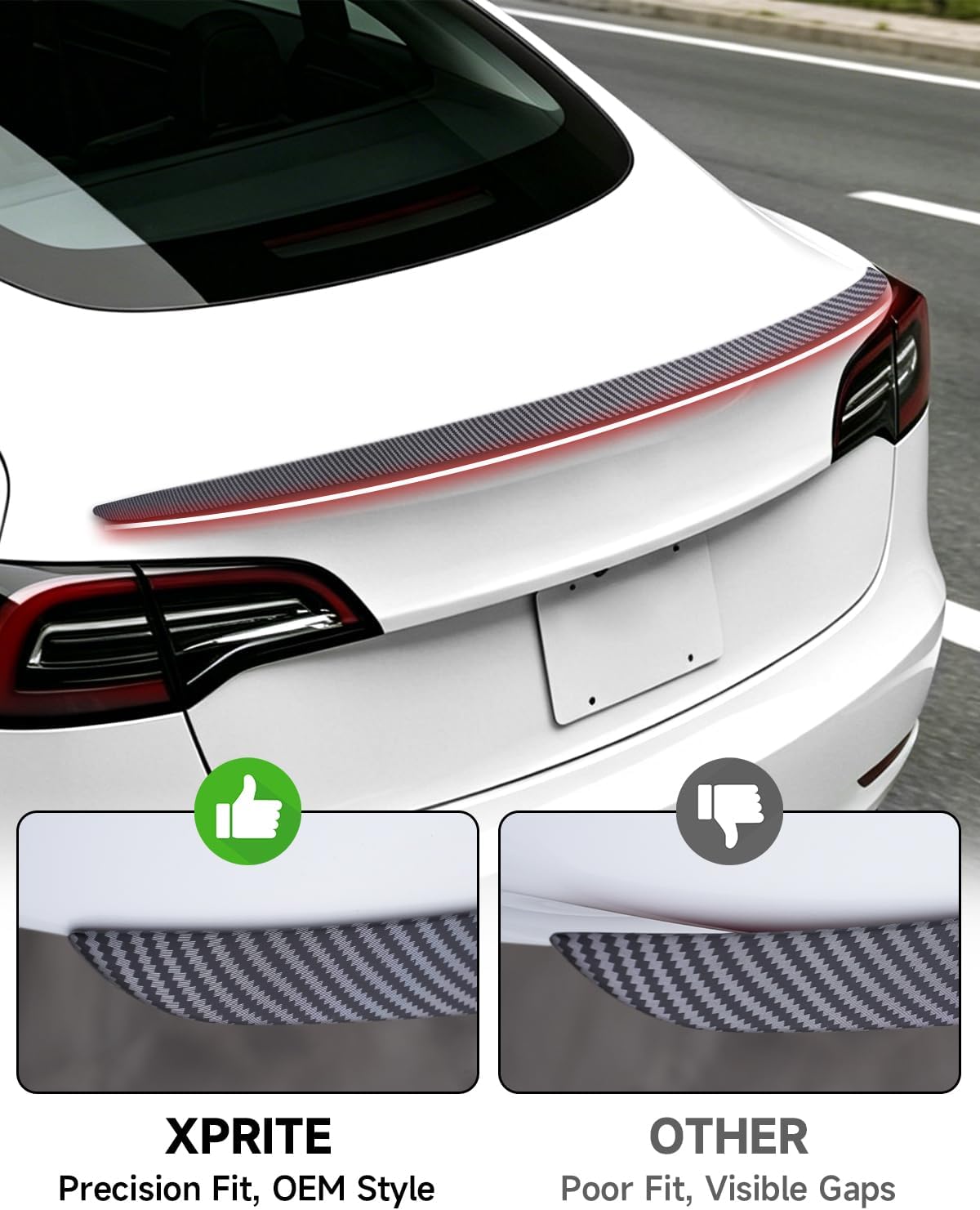 Xprite Rear Spoiler for Tesla Model 3 2017–2023 Matte Carbon Fiber Trunk Lip Wing