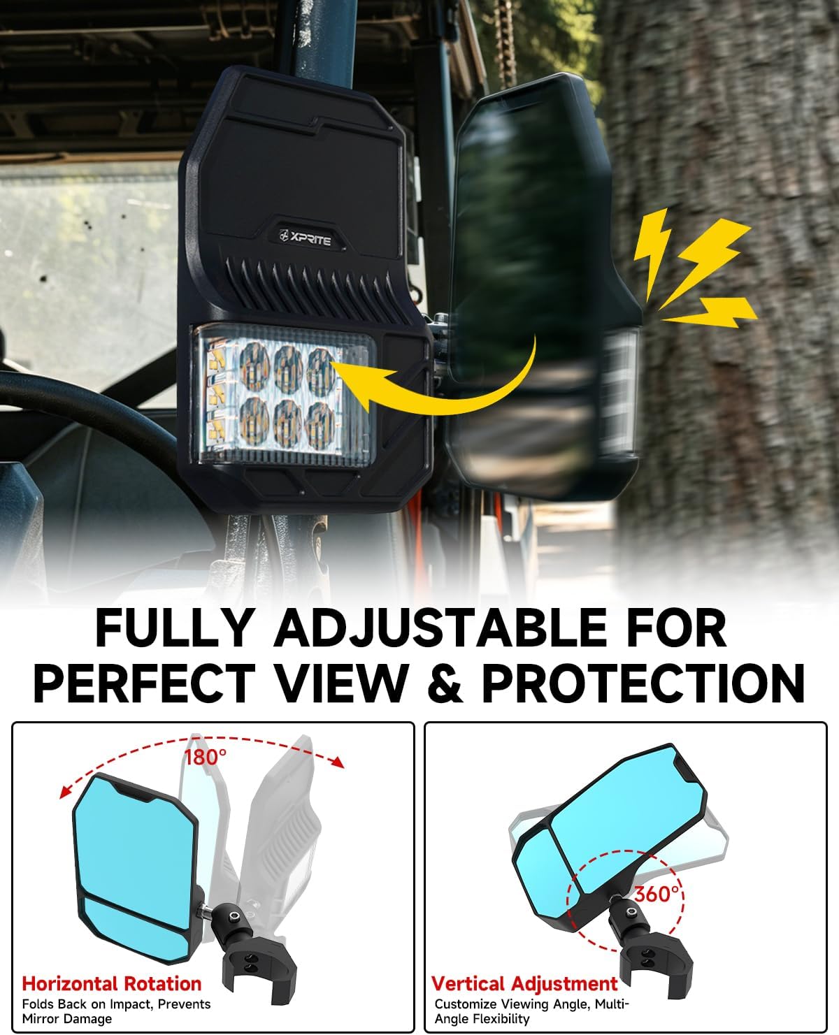 2026 Xprite UTV Side Mirrors with LED Spot Lights & Amber Turn Signal For Pro-Fit Roll Cage