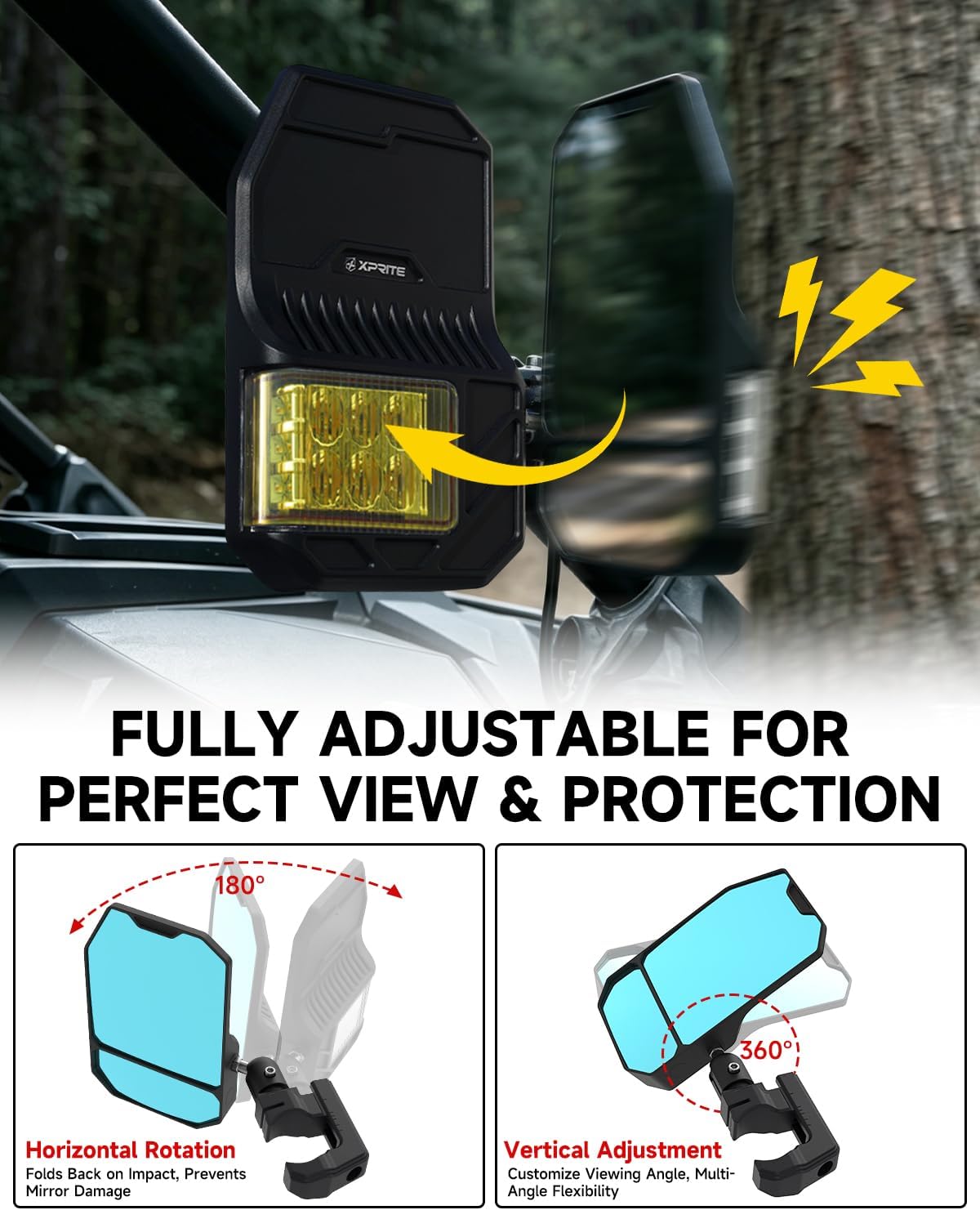 Xprite UTV Side Mirrors with Amber LED Spot Lights & Turn Signal For Round Tube Roll Cage, 2026 New