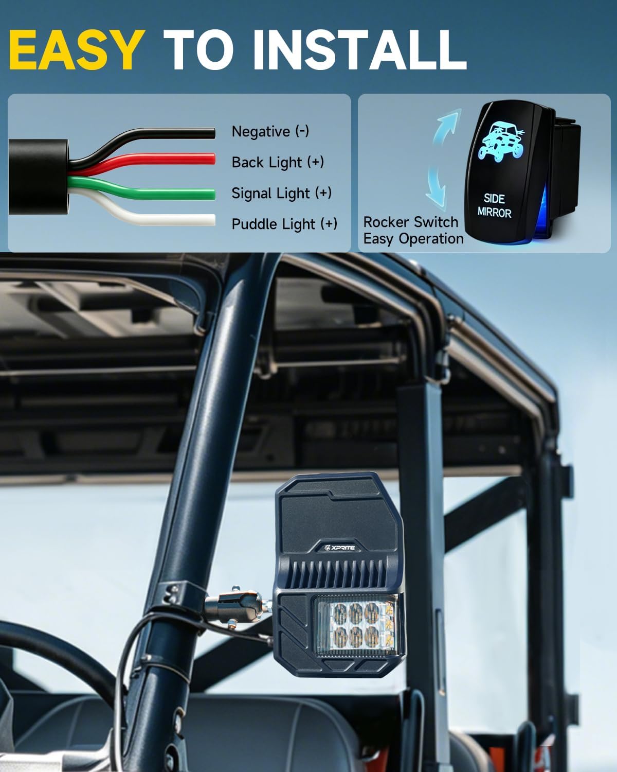 2026 Xprite UTV Side Mirrors with LED Spot Lights & Amber Turn Signal For Pro-Fit Roll Cage