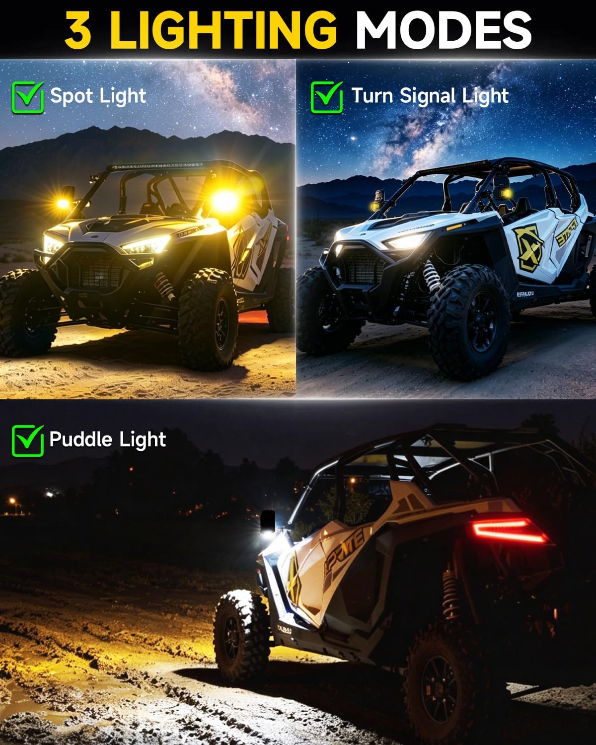 Xprite UTV Side Mirrors with Amber LED Spot Lights, Signals & Puddle Light For Round Tube Roll Cage