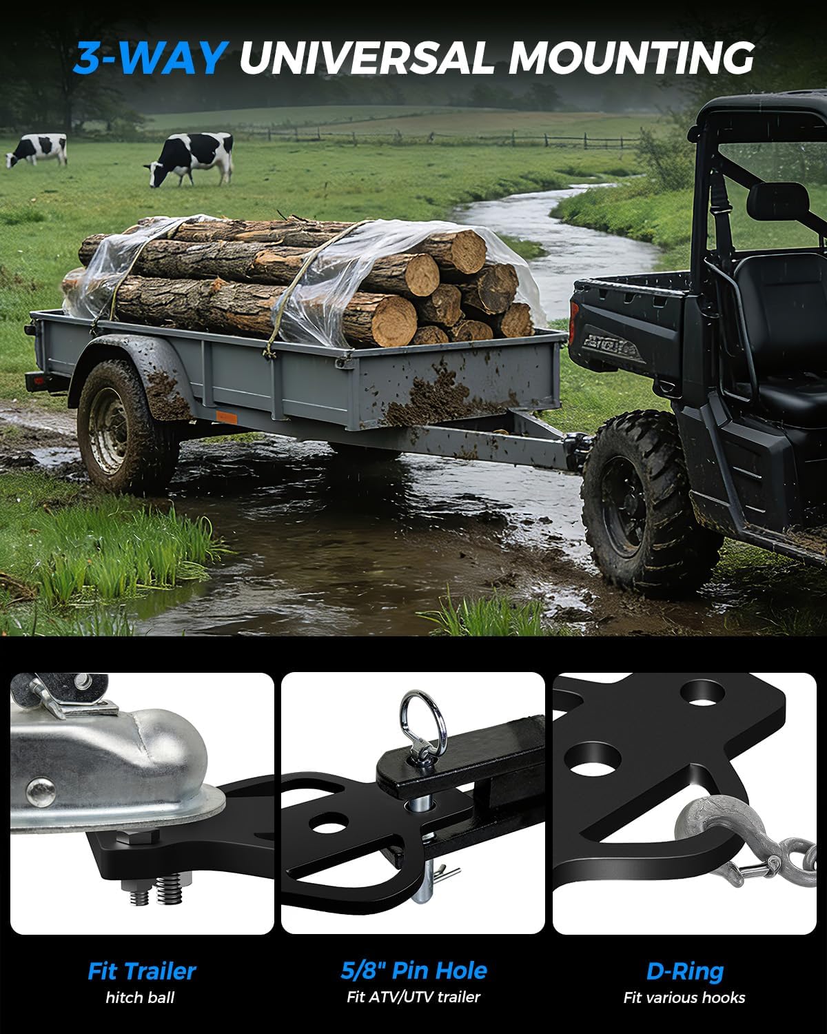 Xprite ATV/UTV 3-Way Hitch Adapter, 3500 lbs Steel Hitch Mount with Bolt