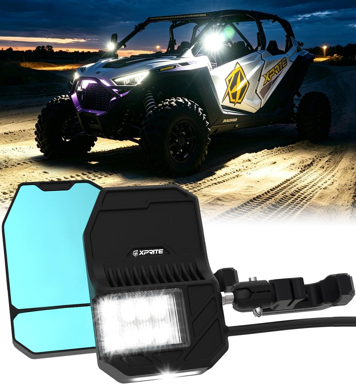 Xprite UTV Side Mirrors w/LED Spot Lights, Amber Signals & Puddle Lights