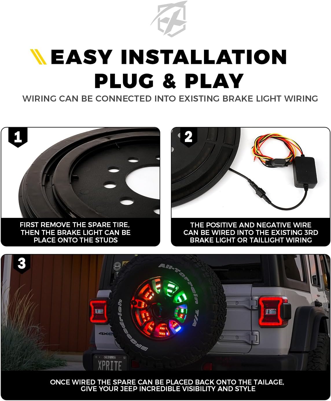 Xprite RGB Spare Tire Brake Light with Dual Control for 2018-2025 Jeep Wrangler JL/JLU