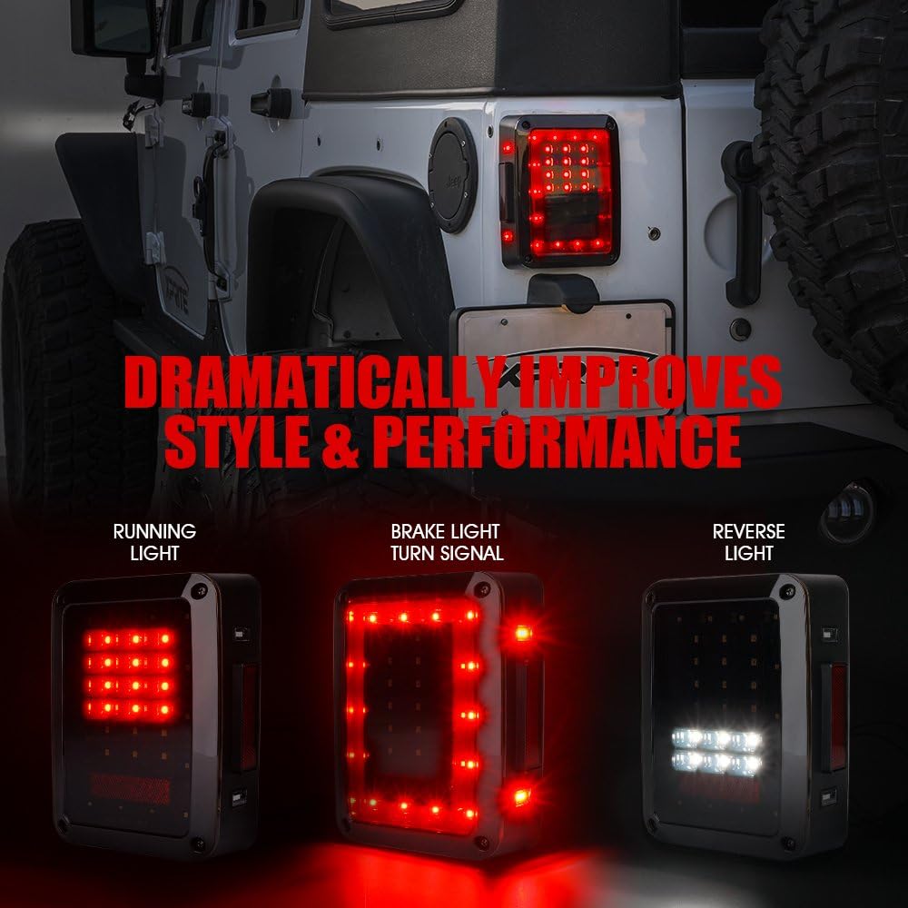 Xprite Smoked Lens Red LED Tail Lights and Smoke 3rd LED Brake Light Assembly Compatible with Jeep Wrangler JK JKU 2007-2018