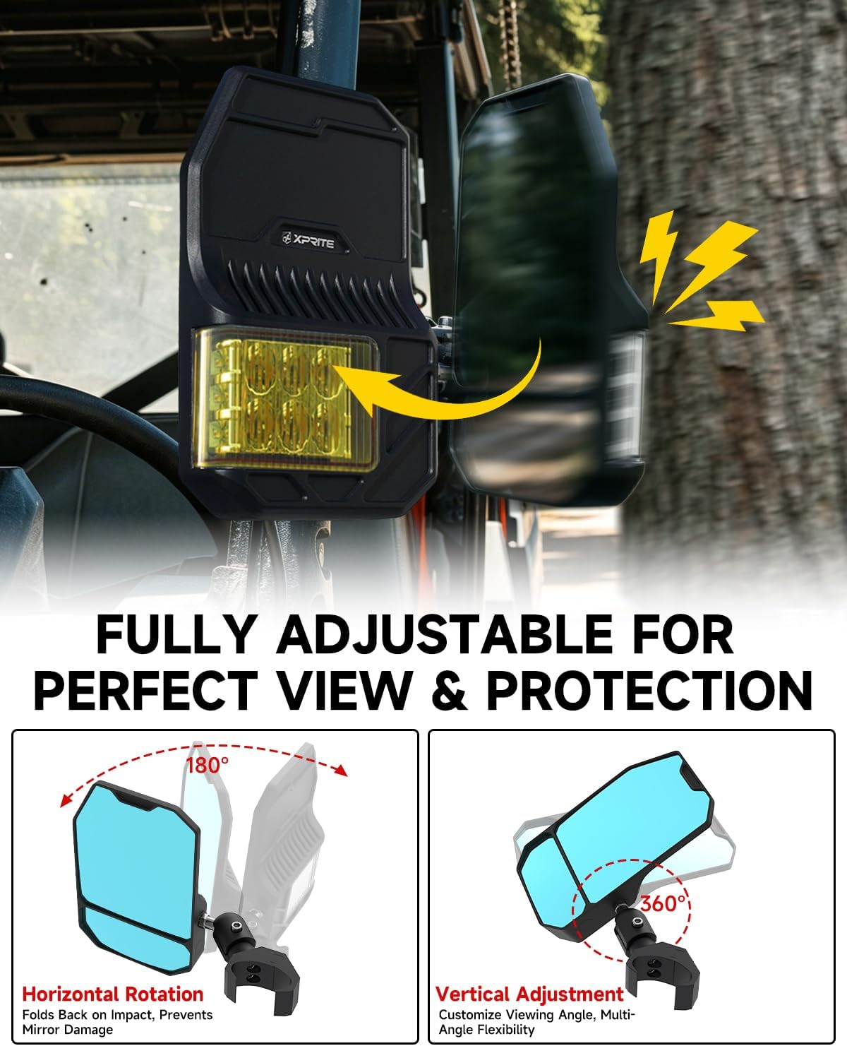 2026 Xprite UTV Side Mirrors w/LED Spot, Signal & Puddle Light for Pro-Fit Cage