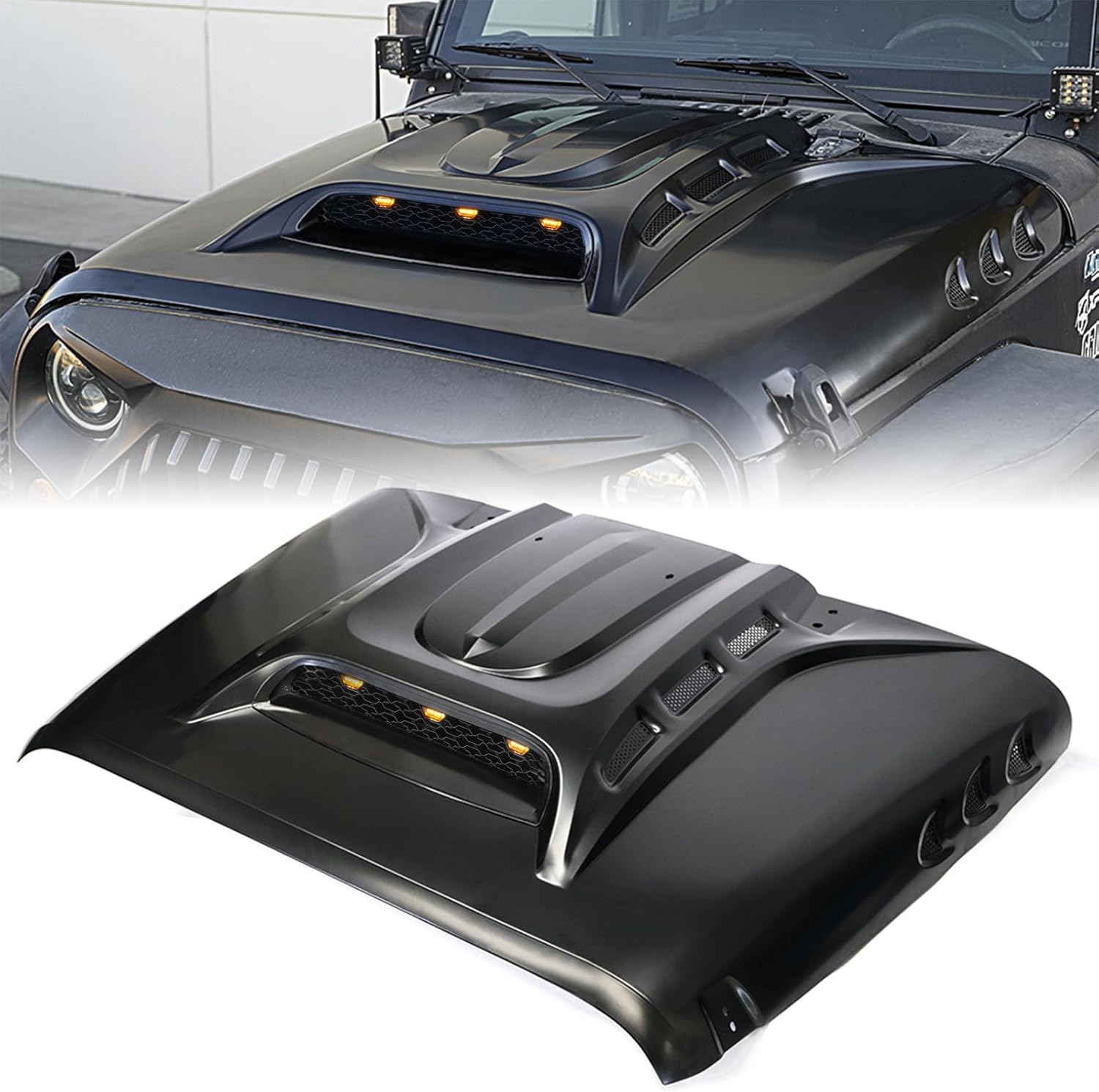 Xprite Jeep Wrangler JK JKU Vent Hood with 3 LED DRLs & Heat Dispersion Design | Piranha Series