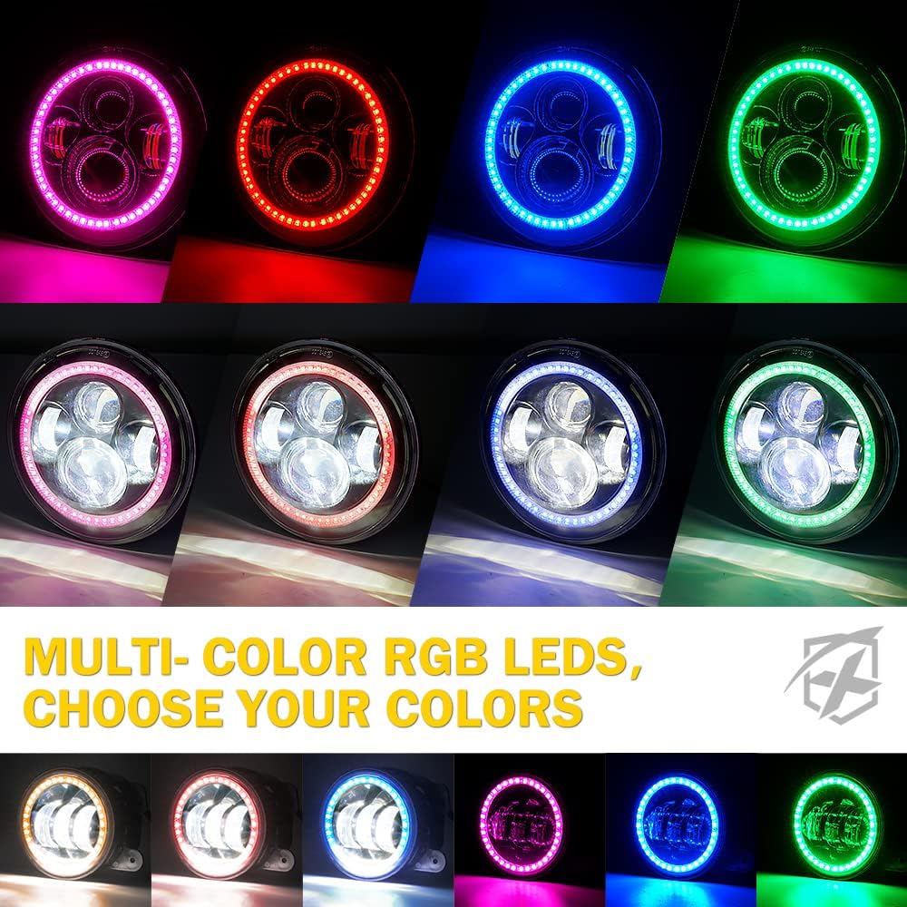 Xprite 7" Inch RGB Halo LED Headlights & 4" Fog Lights Led Combo for 2007-2018 Jeep Wrangler JK JKU