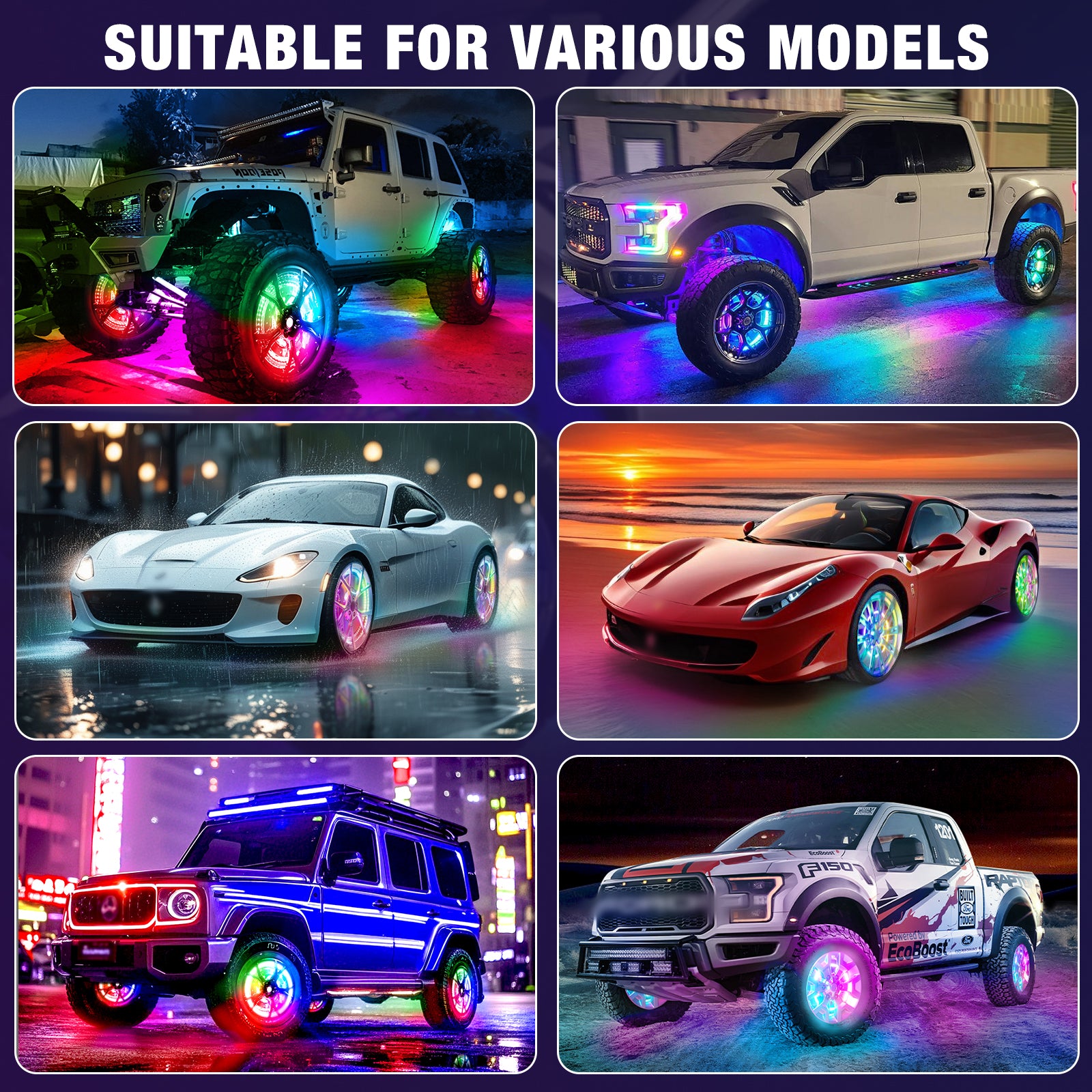 Double Sided RGB LED Wheel Ring Lights for Trucks Pickups Cars Offroad | 178+DIY Dynamic Modes