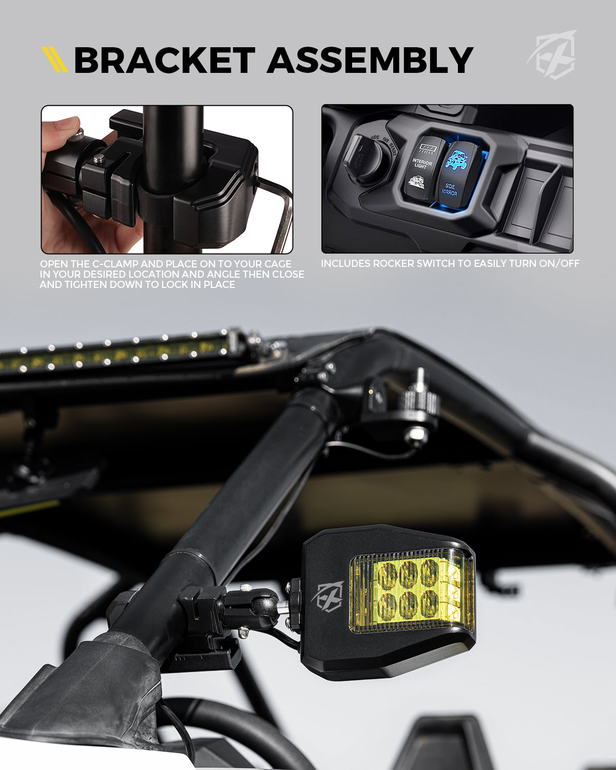 UTV Side View Mirrors with LED Spotlights & C-Clamp Brackets