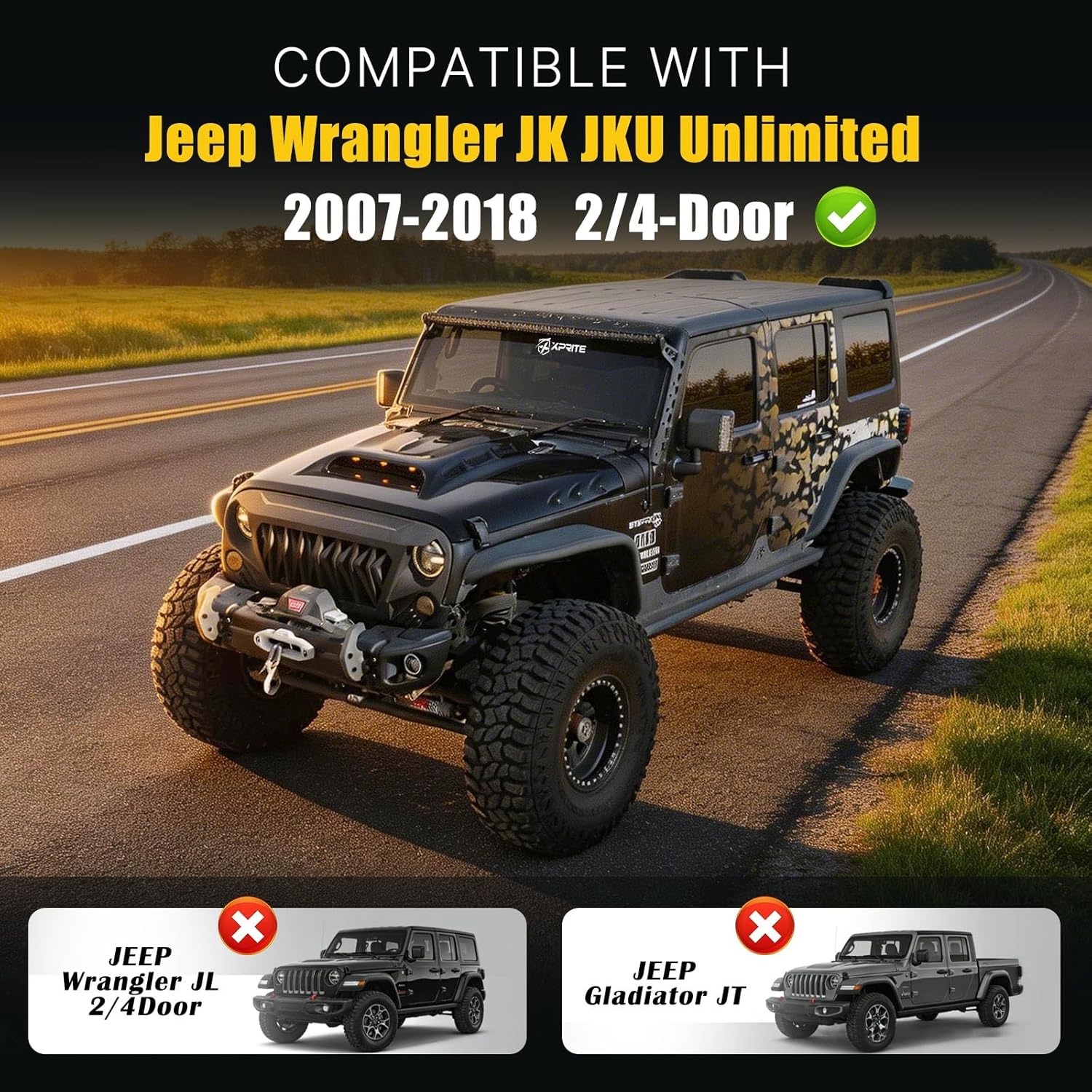 Xprite Jeep Wrangler JK JKU Vent Hood with 3 LED DRLs & Heat Dispersion Design | Piranha Series