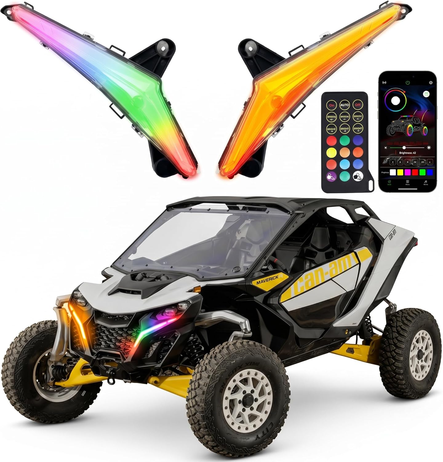 Xprite RGB LED Fang Lights for Can-Am Maverick R 2024-2026 APP Control DRL Turn Signal Music Sync Kit