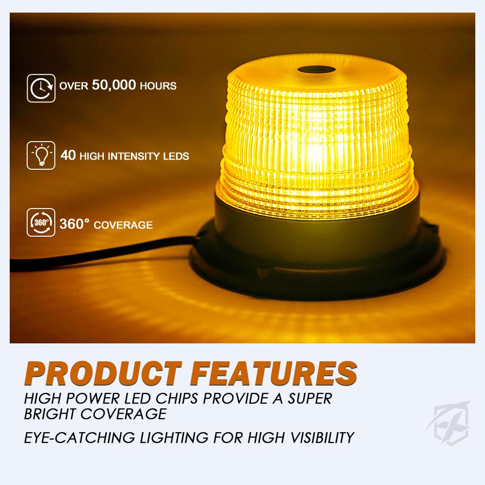 Yellow warning light with product features on a brown background