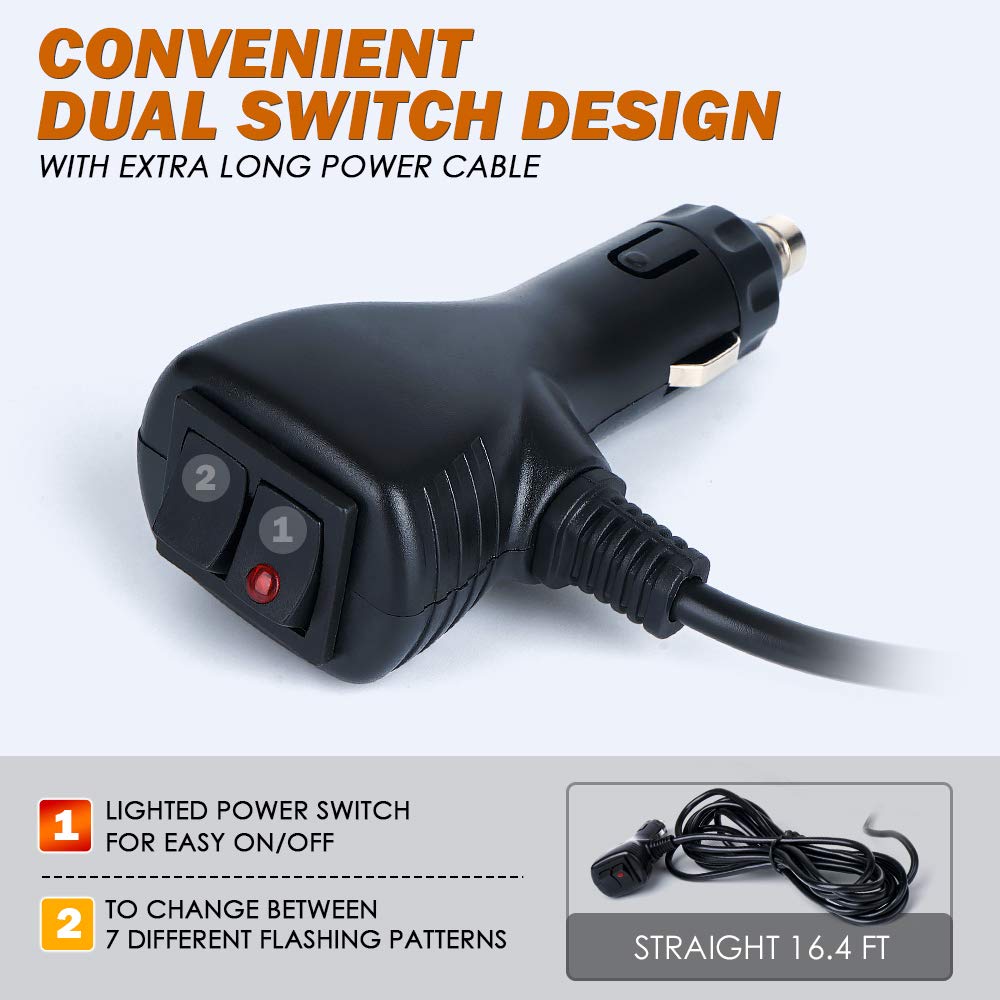 Car charger with dual switch design and long power cable on a light gray background