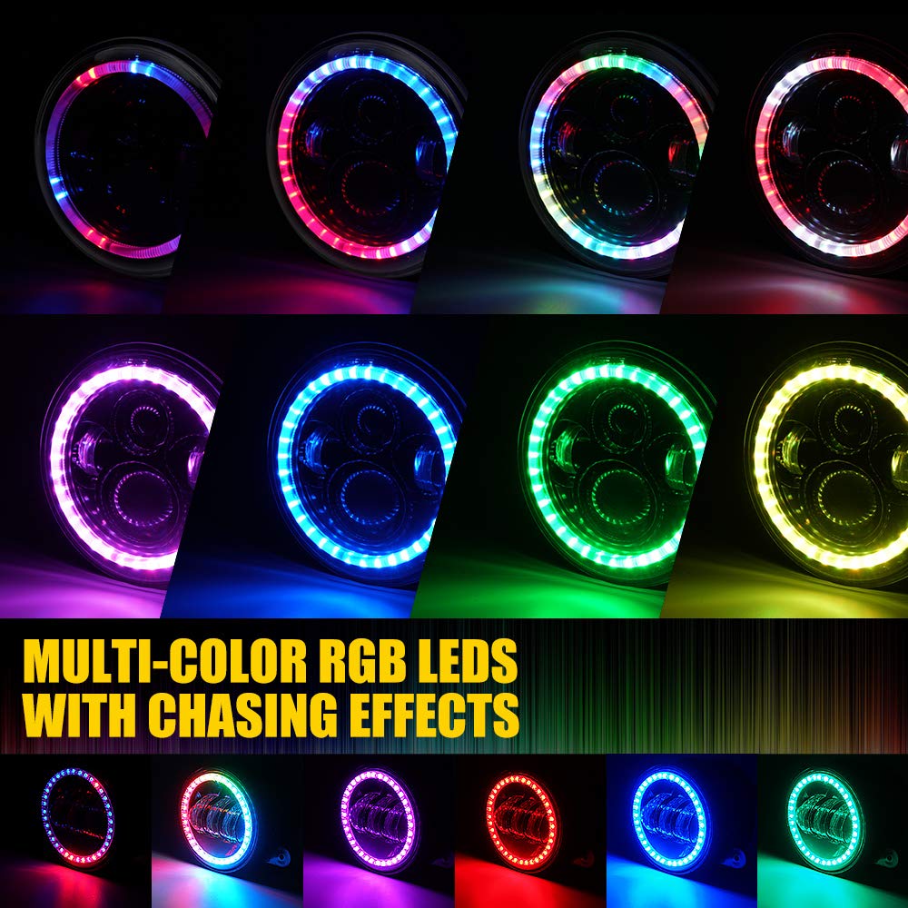 7" RGB LED Halo Headlights & RGB Fog Lights Kit for 07-18 Jeep Wrangler