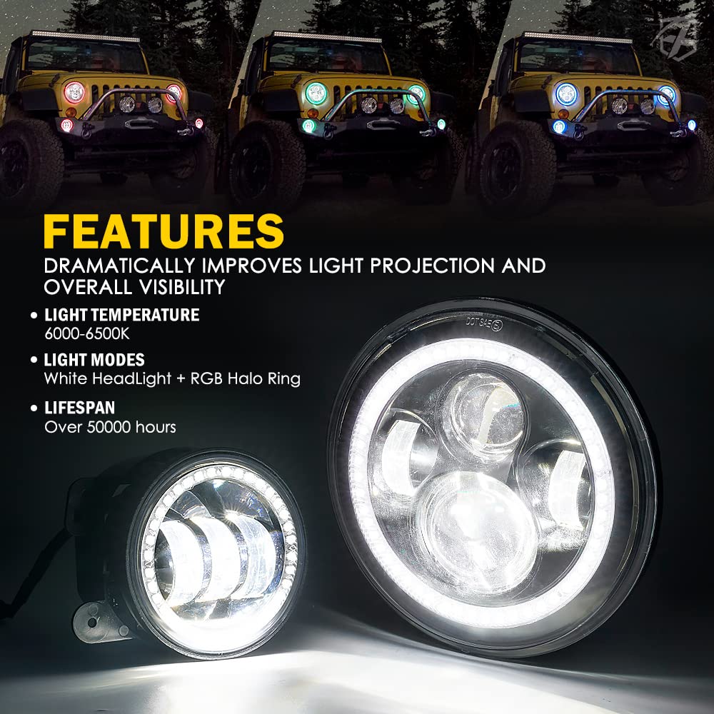 8-Piece LED Light Combo For Jeep Wrangler JK JKU: 7" Halo Headlights, Fog Lights, Turn Signals & Tail Lights