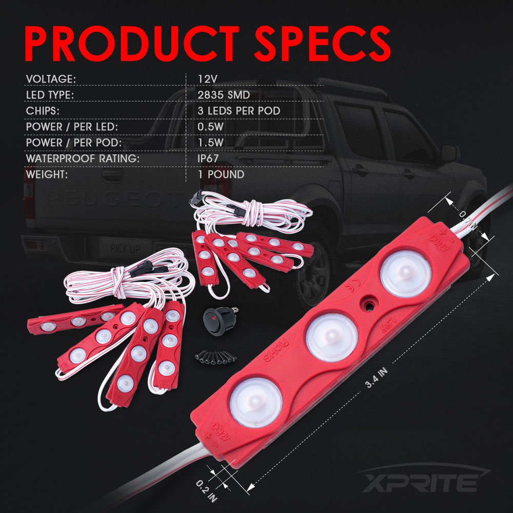 Xprite 8 LED Rock Light Pods Truck Bed Lighting Kit with Switch