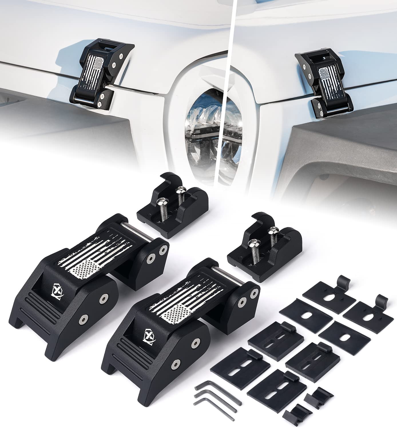 Set of black metal brackets and components on a white background