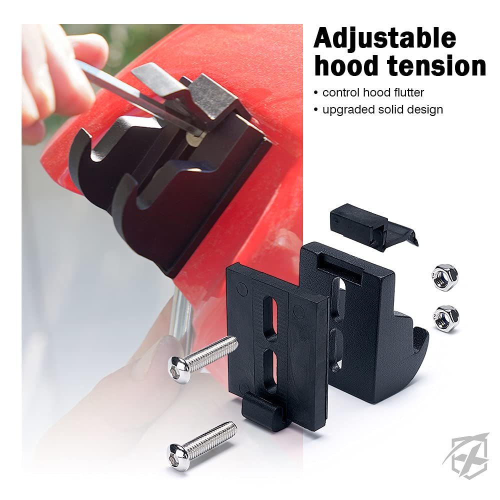 Adjustable hood tension control with screws on a white background