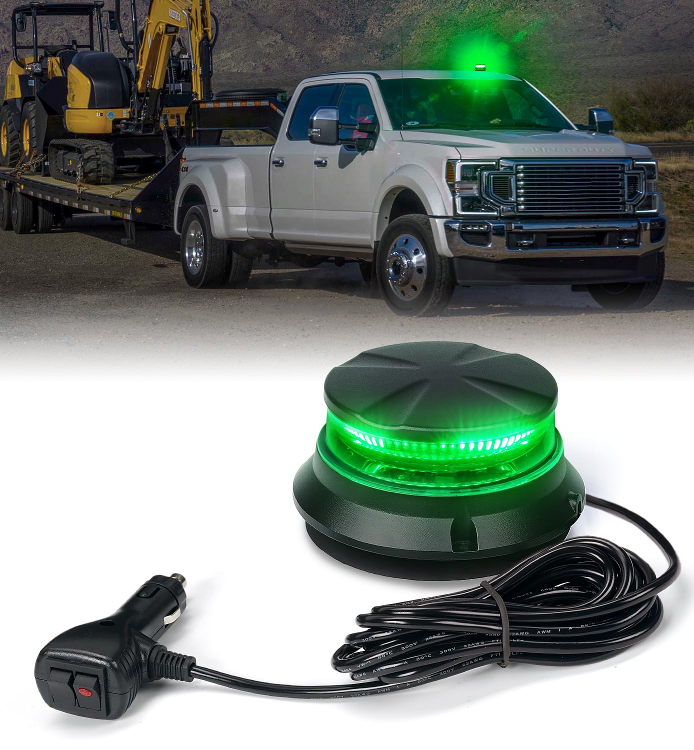 Green rotating beacon light with power cord on a white background, with a truck and construction equipment in the background.