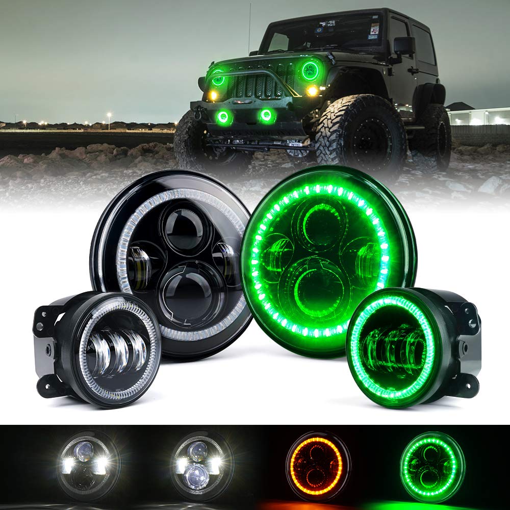 7" 90W LED Headlights & 4 Inch 60W Fog Lights Combo w/Green Halo Angel Eye