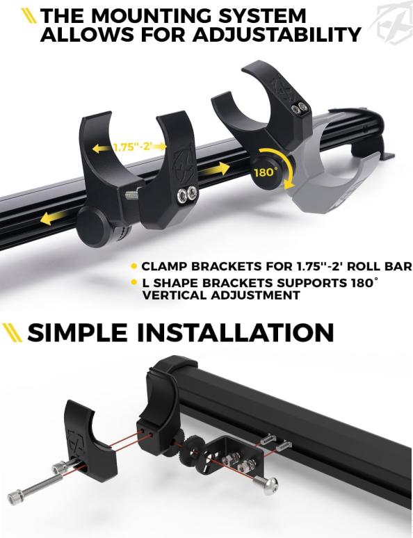 Xprite LED Chase Strobe Light Bar Adjustable Brackets | For 1.75"-2' Roll Bar L Shape Brackets