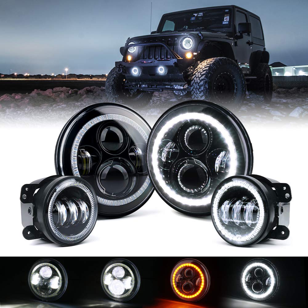 Xprite 7 inch 90W LED Headlights & 4 inch 60W Fog Lights Combo w/White Halo Lights Compatible with 2007-2018 Jeep Wrangler JK