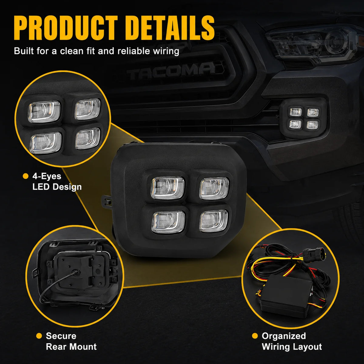 4 Eyes Style LED Fog Lights with Amber Turn Signal Lights for 2016-2023 Toyota Tacoma