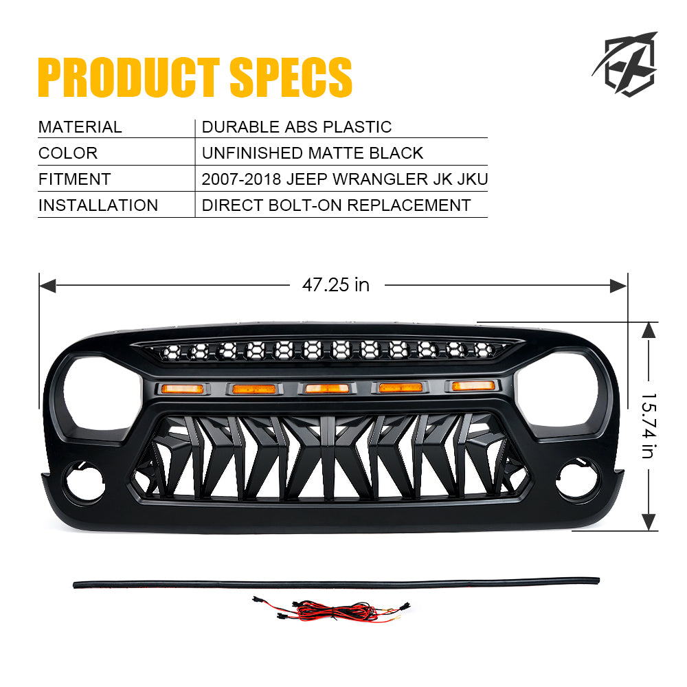 Xprite Venom Series Replacement Grille with LED Running Lights for Jeep  Wrangler 2007-2018 JK