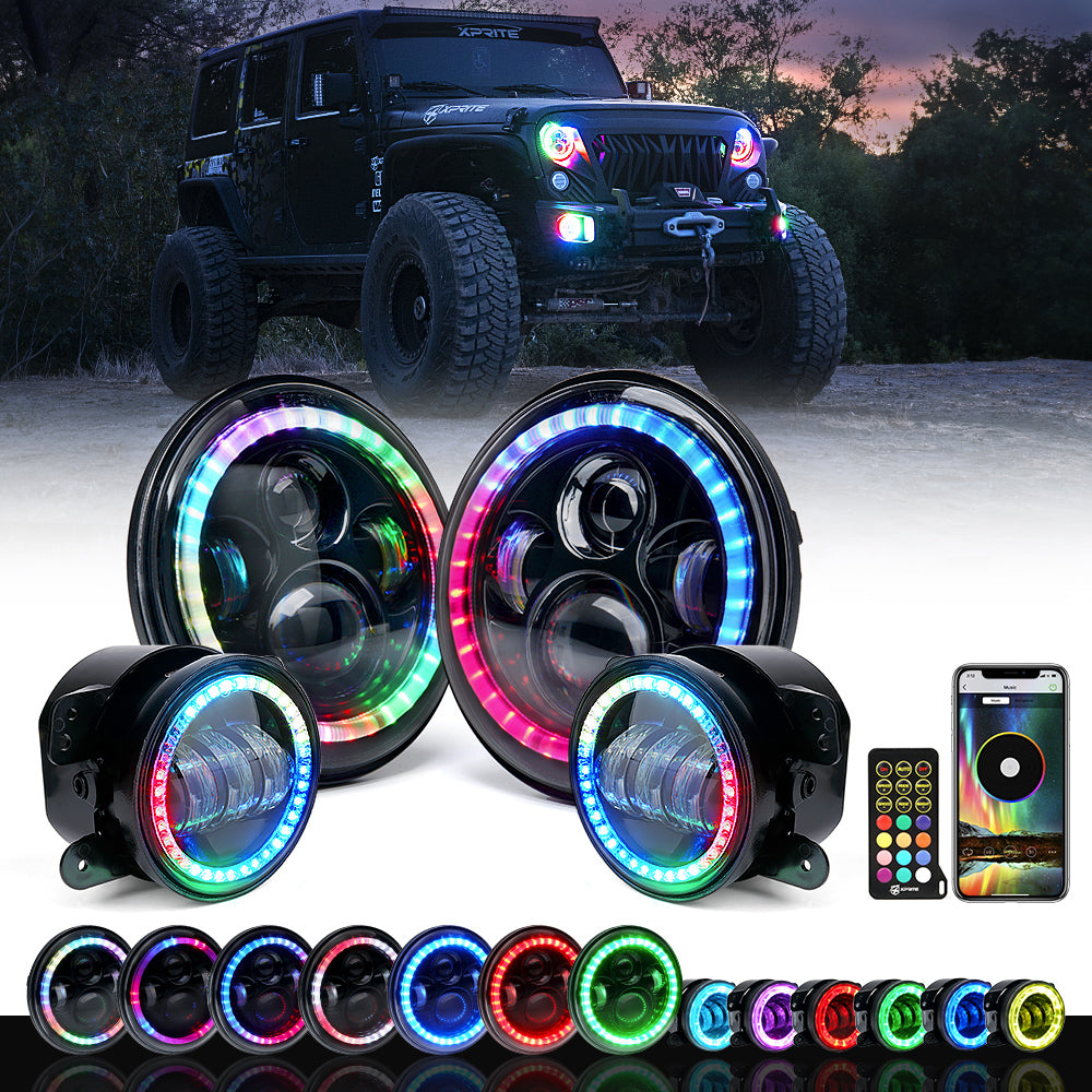 7" RGB LED Halo Headlights & RGB Fog Lights Kit for 07-18 Jeep Wrangler