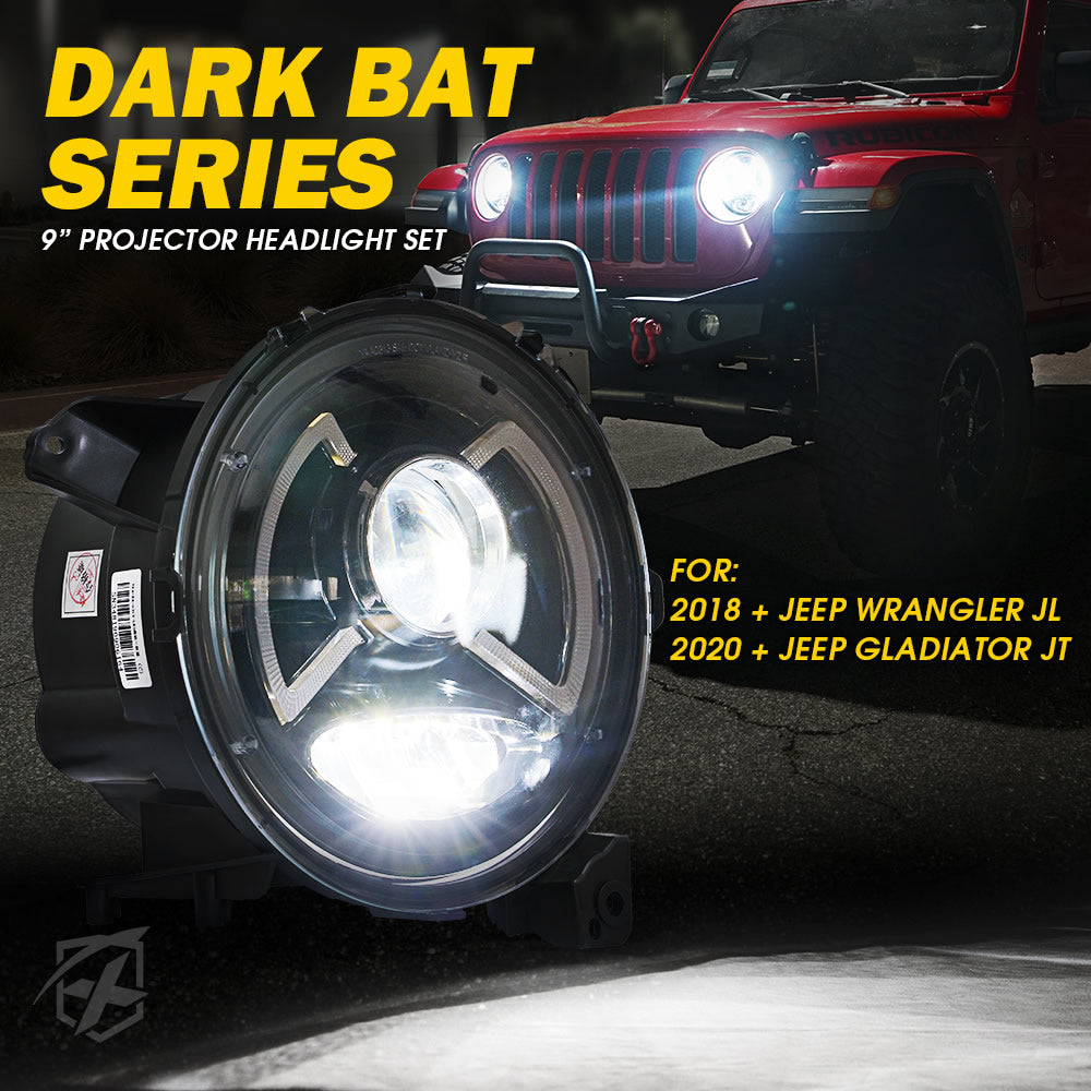 9" DRL LED Headlights for Jeep Wrangler JL, Gladiator JT | Dark Bat Series