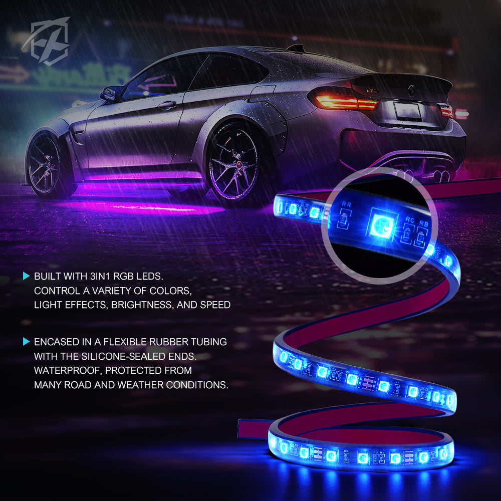 Xprite RGB LED Car Interior Bluetooth Light Strips w/Remote & Control Box,  Silicone Sealed, Under Dash Footwell Lights Kit w/Cigarette Adapter for