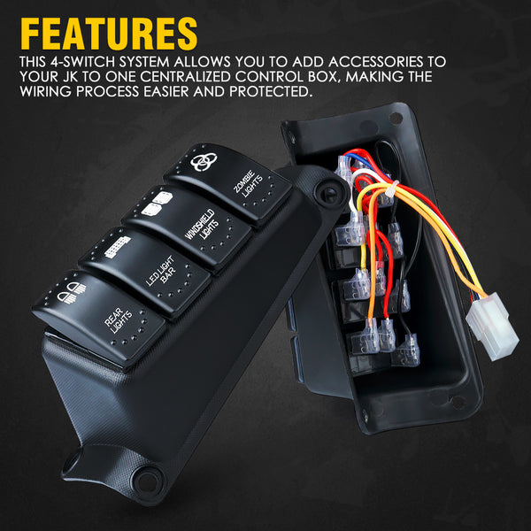 Xprite 4-Gang Switch Panel For Jeep Wrangler JK – 12V Rocker Control For Lights & Accessories