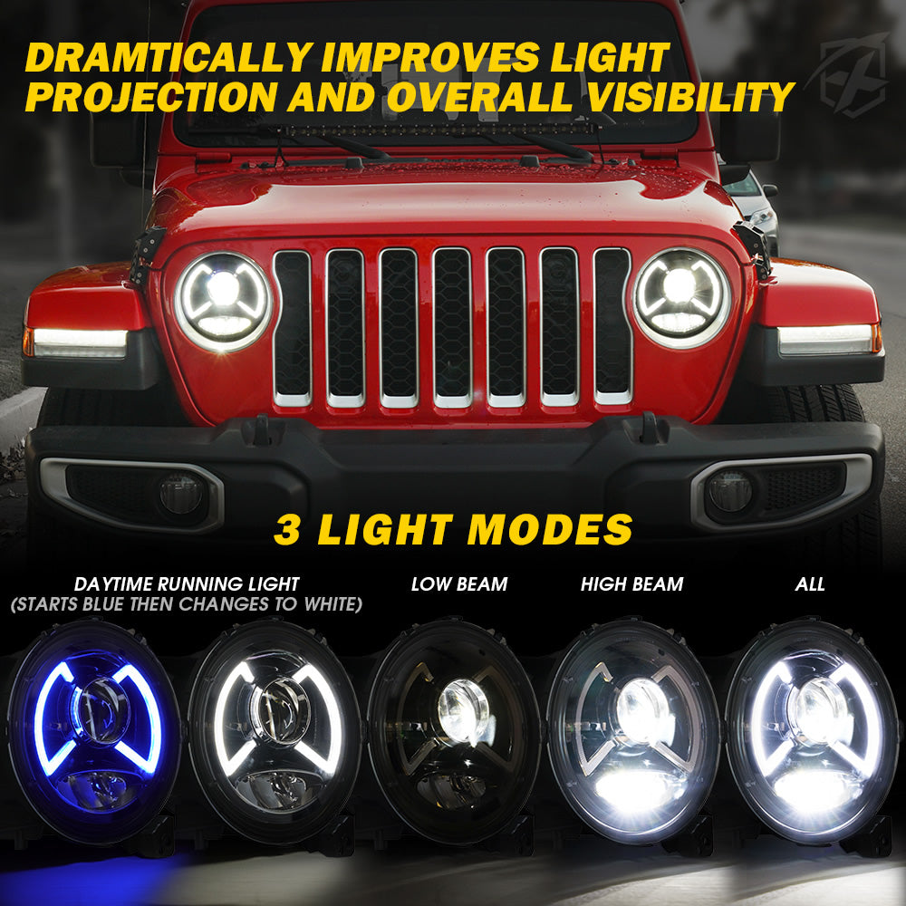 9" DRL LED Headlights for Jeep Wrangler JL, Gladiator JT | Dark Bat Series