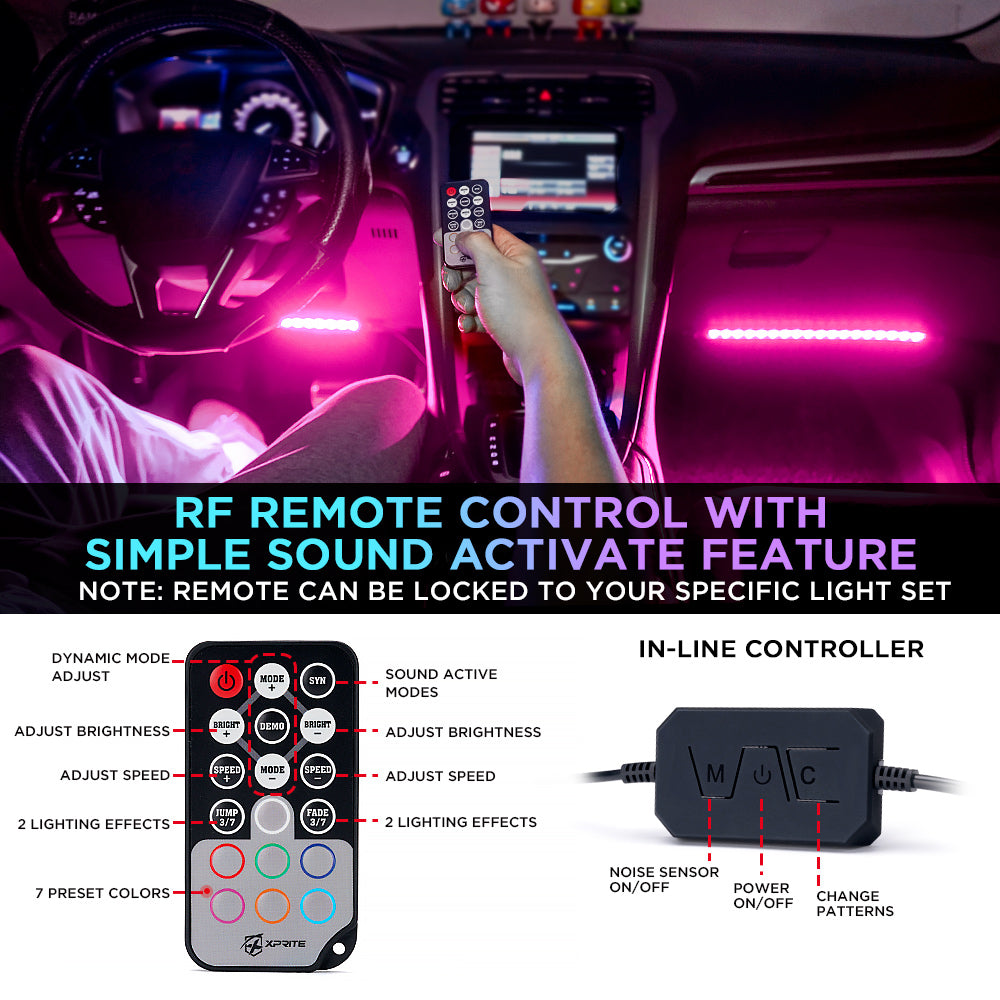  Xprite Tiras de luz LED RGB con Bluetooth para interior de auto  con control remoto caja de control sellado de silicona para espacio para  pies debajo de tablero con adaptador de